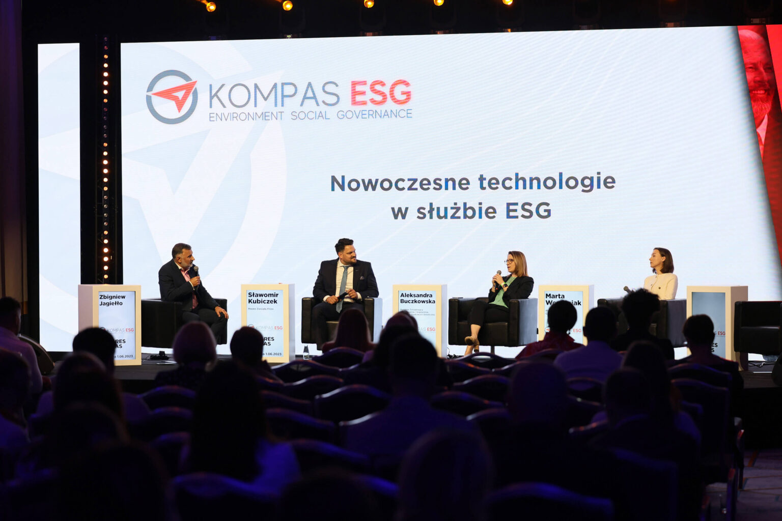 Marta Wcześniak, Aleksandra Buczkowska i Sławomir Kubiczek w trakcie Kongresu Kompas ESG.